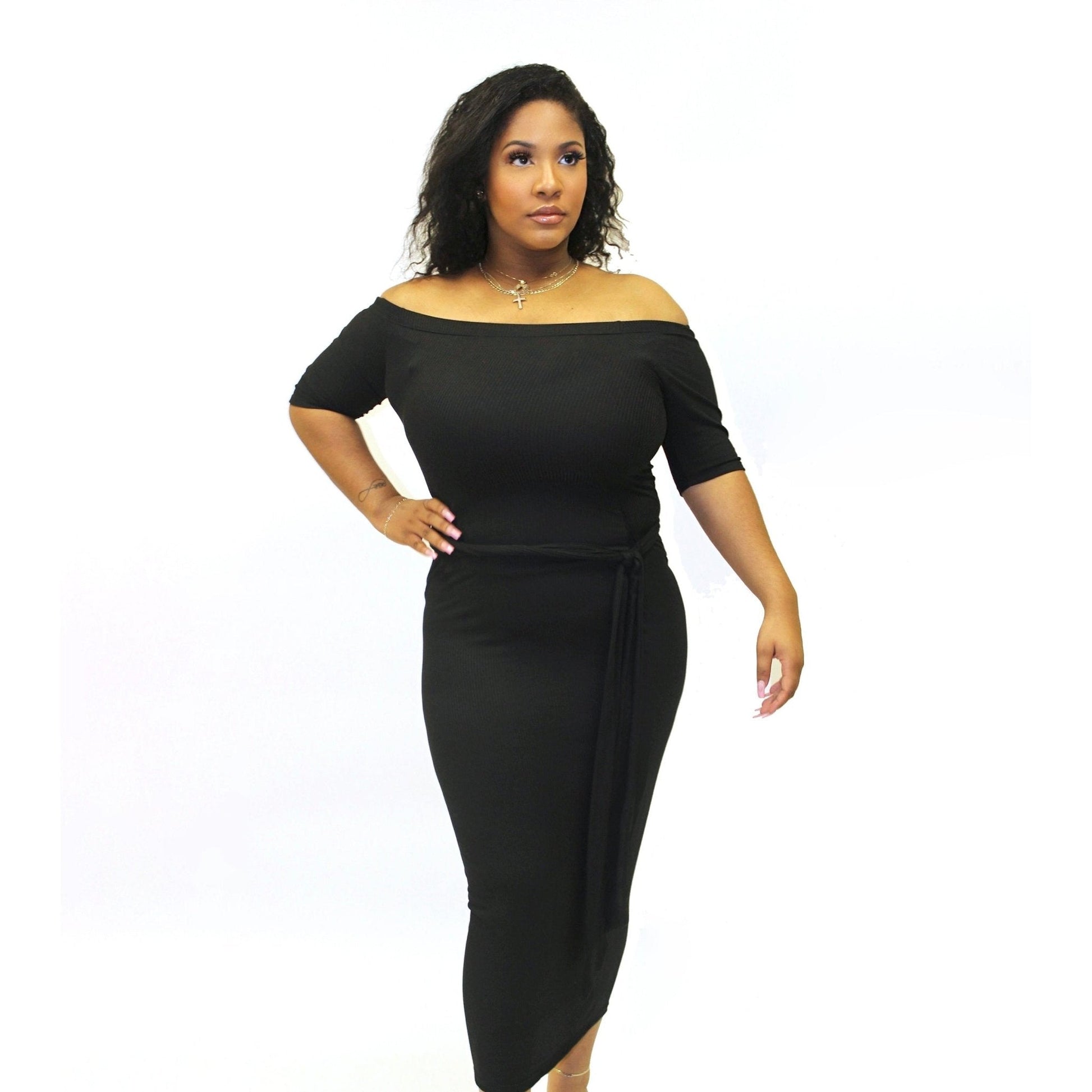 Off the shoulder black midi dress with belt - Calenthia's Boutique