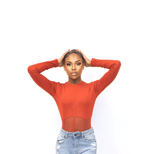 Rust ribbed and mesh long Sleeve Top - Calenthia's Boutique